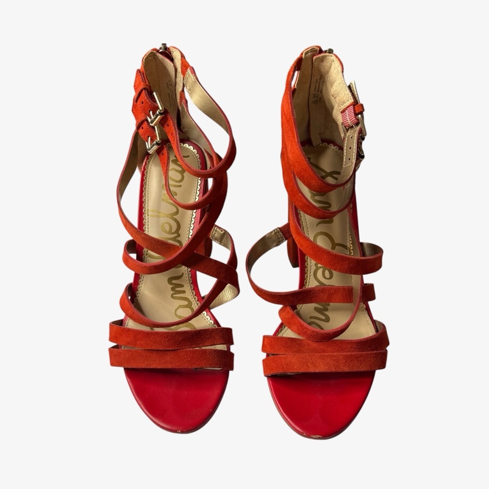 Sam Edelman Women's Red Orange Suede Strappy Block Heels, Size 8.5